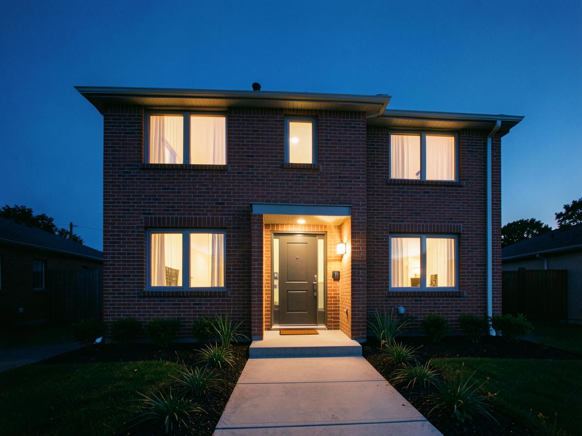 A renovated brick two-storey home at dusk with warm windows